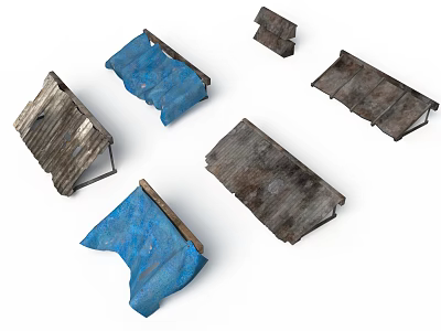 Weathered Metal Roof Structures With Blue Fabric Covers And Worn Edges 3d model