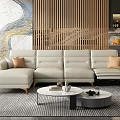 Modern Beige L Shaped Leather Sofa With Round Coffee Tables In Stylish Living Room