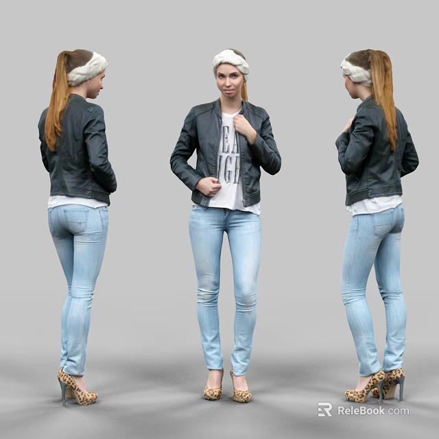 Woman Wearing Black Leather Jacket White T-shirt Light Blue Jeans And Leopard Print High Heels 3d model 