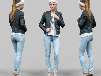 Woman Wearing Black Leather Jacket White T-shirt Light Blue Jeans And Leopard Print High Heels 3d model