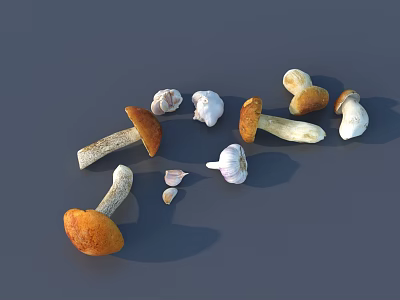 Fresh Wild Mushrooms And Garlic Cloves Arranged On Gray Surface 3d model