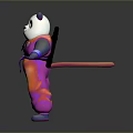 3D Panda Character In Orange Purple Outfit With Purple Sash And Black Staff On Back