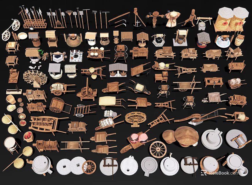 Assorted Garden Ornaments Featuring Tools Decorative Pieces Wheelbarrows And Small Pots 3d model 