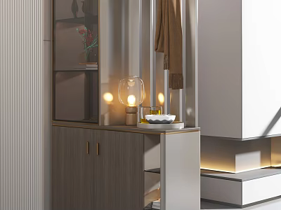 Modern Entryway Cabinet Sideboard Design With Wooden Frame Glass Doors Decorative Lamp And Storage Shelves 3d model