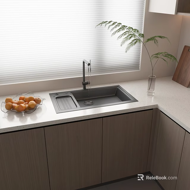 Modern Kitchen Interior With Gray Sink Faucet Wooden Cabinets White Countertop Plant And Window Blinds 3d model 