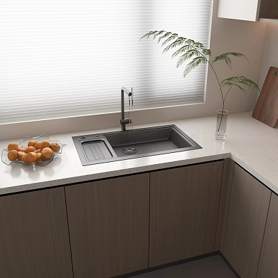 Modern Kitchen Interior With Gray Sink Faucet Wooden Cabinets White Countertop Plant And Window Blinds 3d model