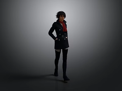Human Character Wearing Black Coat Red Scarf Black Stockings And Boots In Standing Pose 3d model
