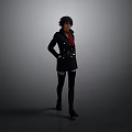Human Character Wearing Black Coat Red Scarf Black Stockings And Boots In Standing Pose