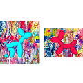 Colorful Wall Decor with Blue Pink Balloon Dogs and Vibrant Paint Backgrounds