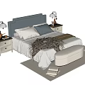 Double Bed Featuring Blue Headboard White Blue Pillows Patterned Throw Nightstands Table Lamps And Ottoman 3d model