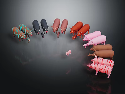 Various Colored Pigs Surrounding Small Central Pig In Circular Arrangement 3d model