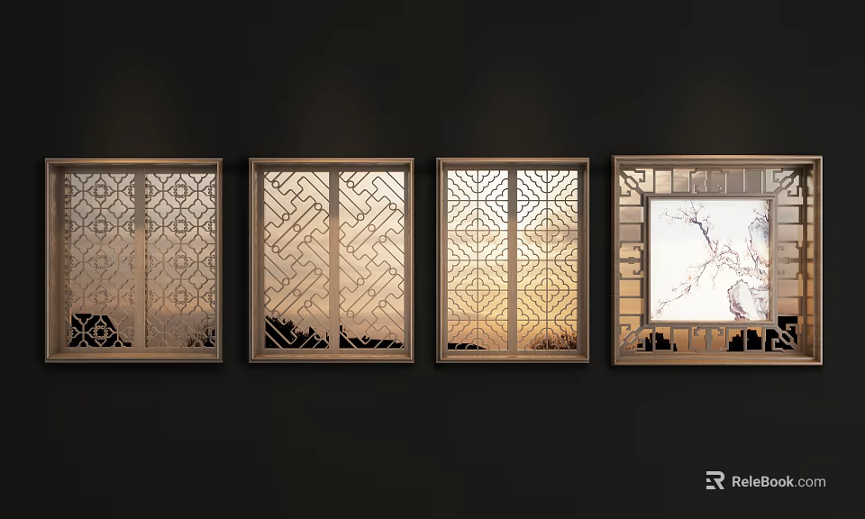 Four Artistic Carved Windows With Intricate Patterns On Dark Wall 3d model 