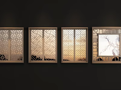 Four Artistic Carved Windows With Intricate Patterns On Dark Wall 3d model