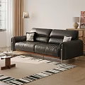 Leather Sofa With Decorative Pillows And Wooden Coffee Table With Floor Lamp And Striped Rug