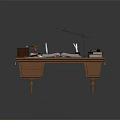 Wooden Writing Desk With Open Book Table Lamp Hourglass And Stationery Items