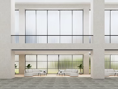 Modern Hotel Lobby Interior With Large Windows White Sofas And Green Plants 3d model