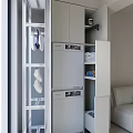 Home Balcony Featuring White Roller Blinds Metal Rack Hanging Clothes Stacked Washer Dryer White Cabinets
