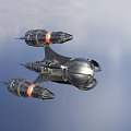 Sci Fi Spaceship With Black Red Details Flying In Blue Sky With White Clouds