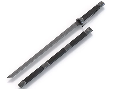 Traditional Japanese Katana Weapon with One Sheathed and One Unsheathed Textured Blade and Black Handle 3d model