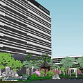 Modern Industrial Park Featuring High Rise Building Lush Greenery Central Fountain And Pedestrian Walkway