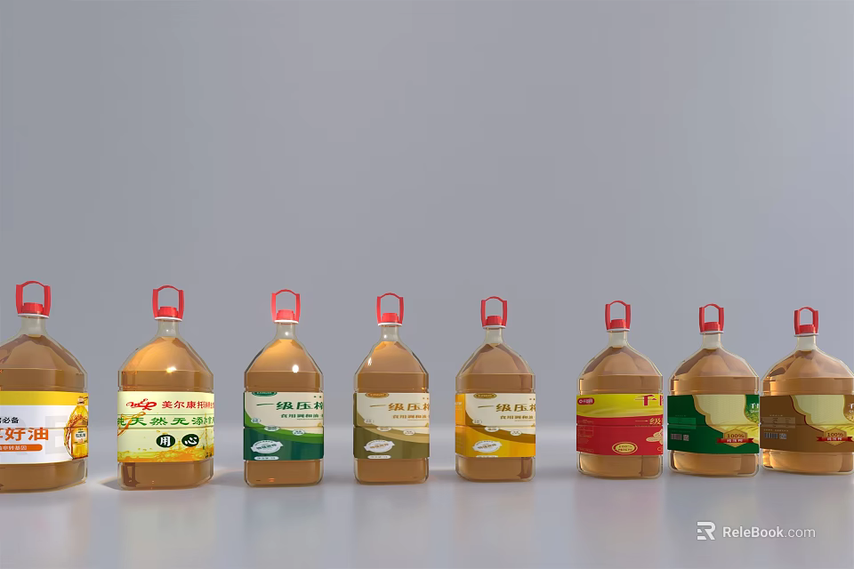 Assorted Cooking Oil Bottles With Red Caps And Colorful Labels On 3d model 