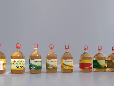Assorted Cooking Oil Bottles With Red Caps And Colorful Labels On 3d model