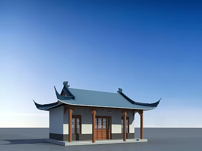 Traditional Chinese Architecture With Blue Roof Overhanging Eaves White Walls And Wooden Doors 3d model