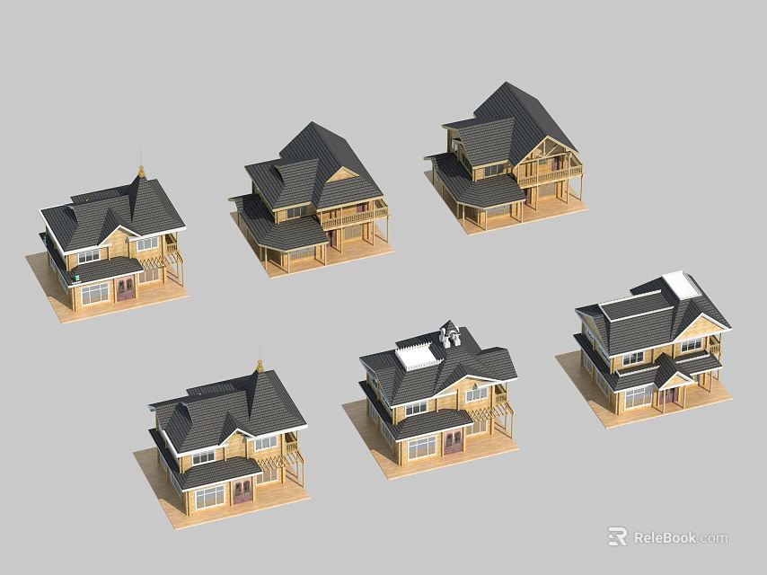 Wooden Houses 3D Models Featuring Various Roof Styles And Balcony Designs 3d model 