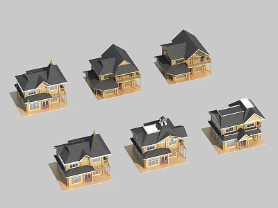 Wooden Houses 3D Models Featuring Various Roof Styles And Balcony Designs 3d model