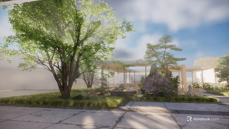 Serene Garden Landscape With Tall Trees Green Lawn And Stone Pathway Design 3d model 