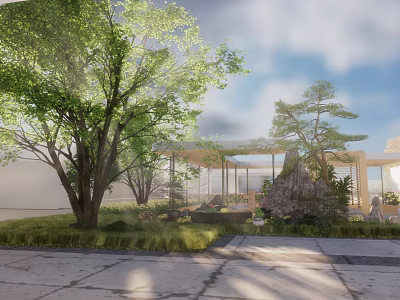 Serene Garden Landscape With Tall Trees Green Lawn And Stone Pathway Design 3d model