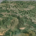 3D Terrain Model of Mountainous Landscape With Green Vegetation Road Networks and Rural Settlements