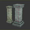 Two Stone Brick Columns with Different Heights and Base Top Design 3d model