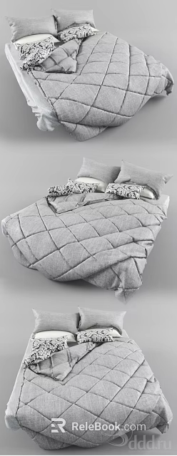 Double Bed With Gray Diamond Pattern Quilt And Patterned Pillows For Bedroom 3d model 