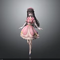Cute Child Character With Pink Dress Bows Long Hair And Hat