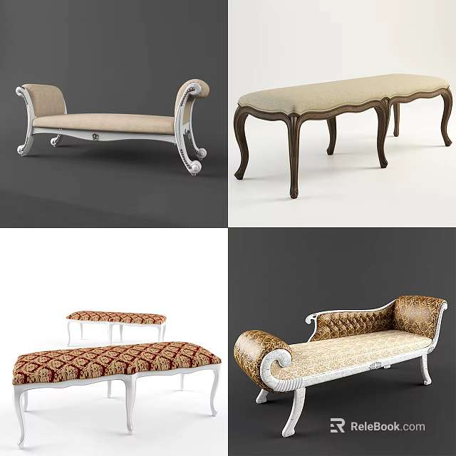 Upholstered Ottoman Bench With Curved Straight Legs And Floral Pattern Styles 3d model 