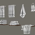 Neutral Colored Bathroom Towels Hanging On Wall Shelves With Folded Stacks