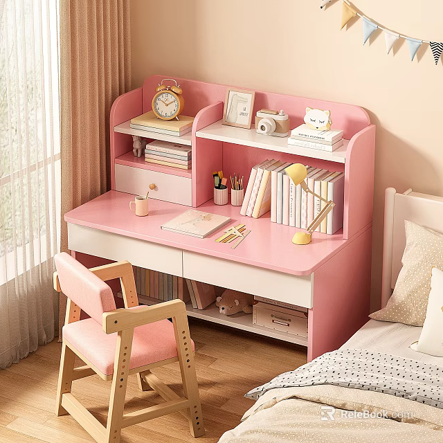 Pink Bedroom Study Desk With Clock Photo Frame Books Stationery And Lamp 3d model 