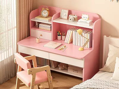 Pink Bedroom Study Desk With Clock Photo Frame Books Stationery And Lamp 3d model