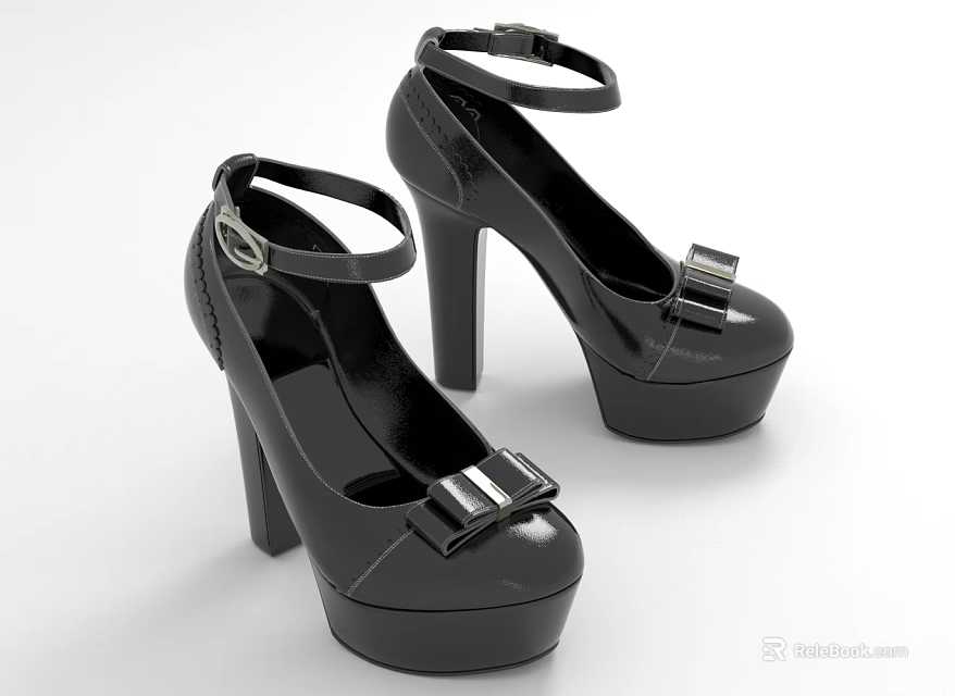 Stylish Black High Heels with Platform Sole Ankle Strap and Decorative Buckle 3d model 