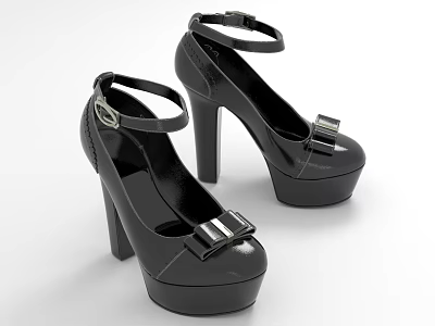 Stylish Black High Heels with Platform Sole Ankle Strap and Decorative Buckle 3d model