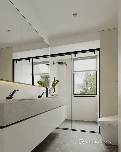 Modern Bathroom Interior Design With Double Vanity Large Mirror And Shower Area 3d model 