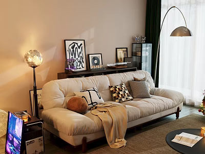 Large Beige Sofa With Throw Pillows Blanket And Decorative Paintings In Cozy Living Room 3d model
