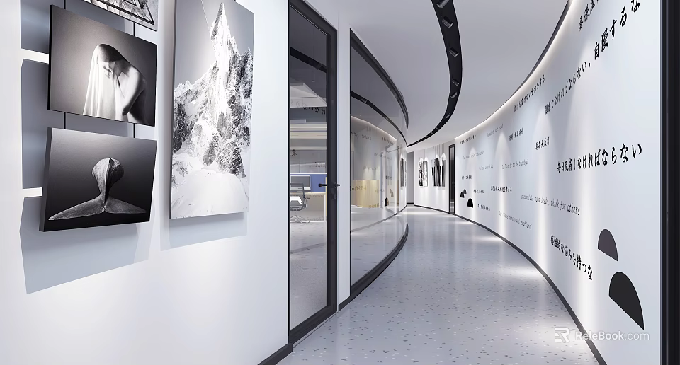 Modern Elevator Corridor Interior With Art Displays And Bright Space 3d model