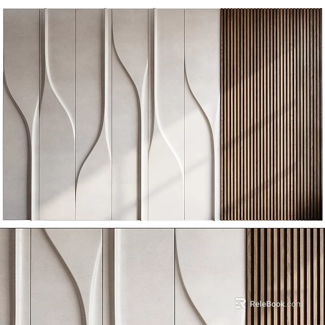 Modern Sofa Background Wall With Curved Patterns And Wooden Slats 3d model