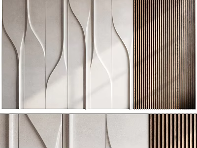 Modern Sofa Background Wall With Curved Patterns And Wooden Slats 3d model