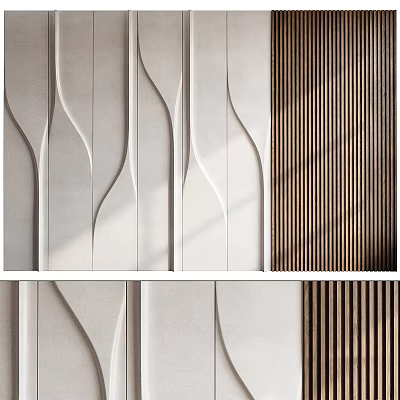 Modern Sofa Background Wall With Curved Patterns And Wooden Slats 3d model