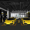 Car Dealership Showroom Featuring Two Yellow Sports Cars Modern Lighting And Glass Walls