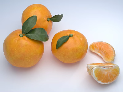 Fresh Oranges With Green Leaves And Sliced Segments On White Background 3d model