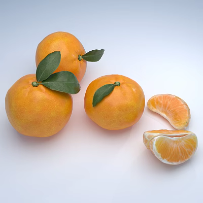 Fresh Oranges With Green Leaves And Sliced Segments On White Background 3d model